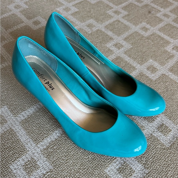 Comfort Plus Patent Round Toe Mid Heel Pumps Office Cocktail Turquoise Blue 11W - Picture 9 of 9